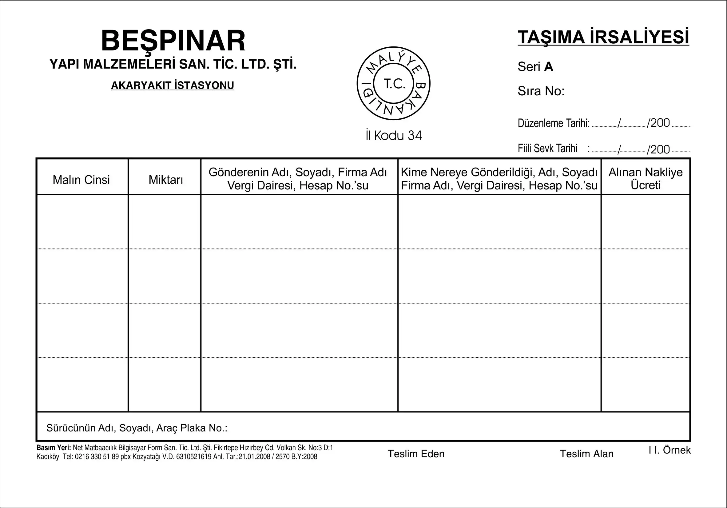 Taşıma irsaliyesi basımı